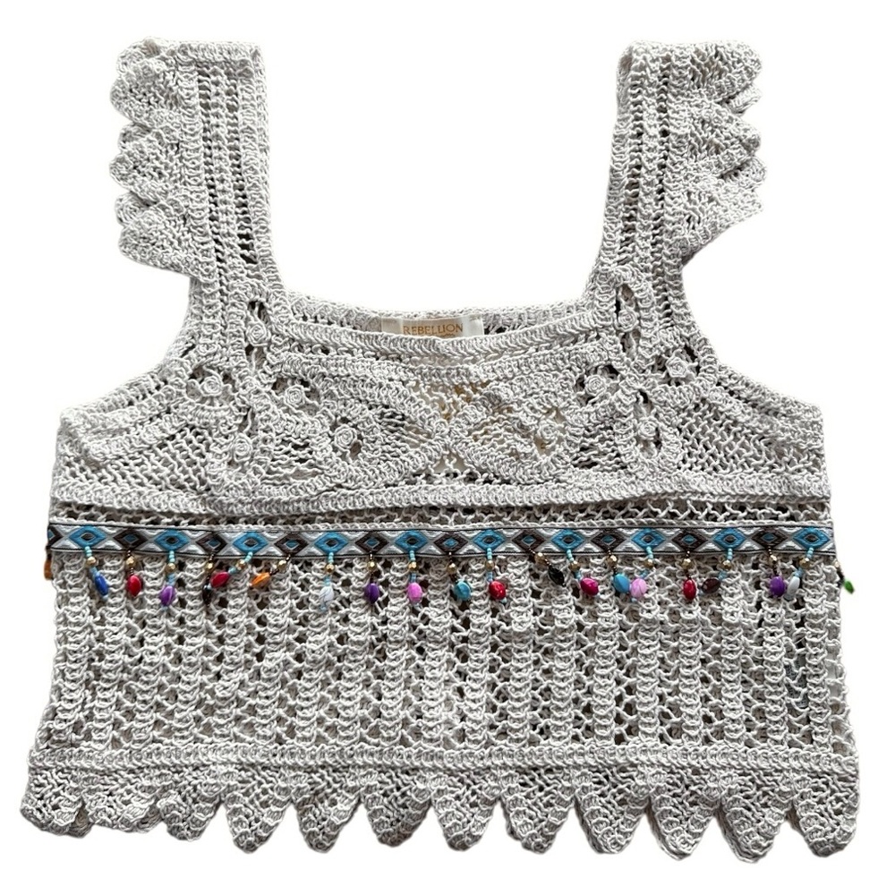 Rebellion Again Beige Beaded . Richer Crop Top Size M NWT